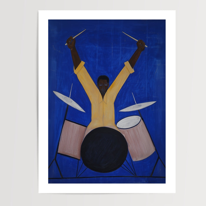 Poster Batteur - L'élan joyeux d'un musicien en pleine lumière — Vierge - poster-presentation-produit — passe-partout blanc