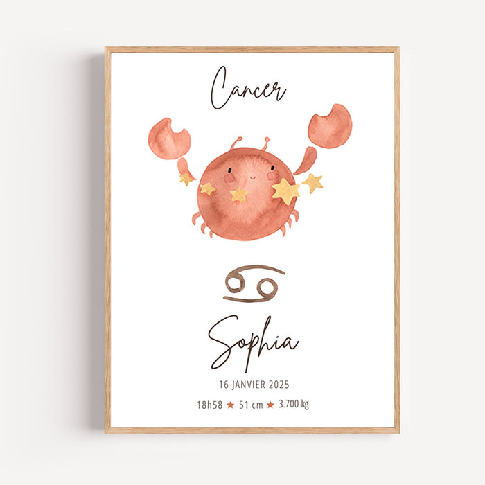 Personalized Cancer zodiac baby poster with name and birth date, nursery wall art