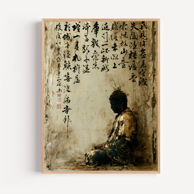 Poster Bouddha en méditation - Or ancien et calligraphies sacrées