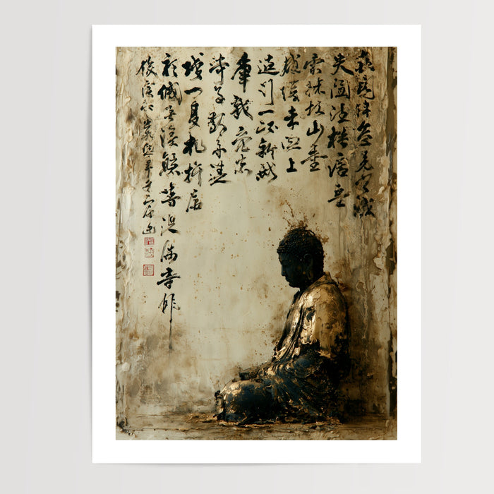 Poster Bouddha en méditation - Or ancien et calligraphies sacrées — Vierge - poster-presentation-produit — passe-partout blanc