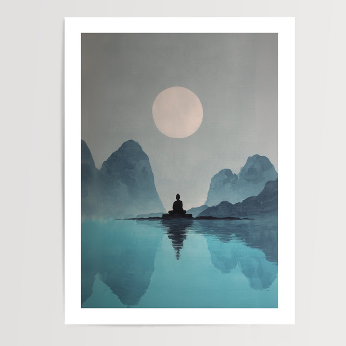 Poster Bouddha - Silhouette apaisée sous la lune des montagnes — Vierge - poster-presentation-produit — passe-partout blanc