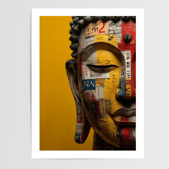 Poster Bouddha street art - Collages urbains et couleurs qui vibrent — Vierge - poster-presentation-produit — passe-partout blanc