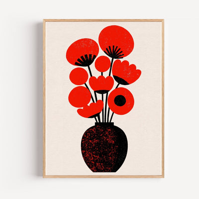 Graphic Bouquet Poster – Red Flowers & Black Vase