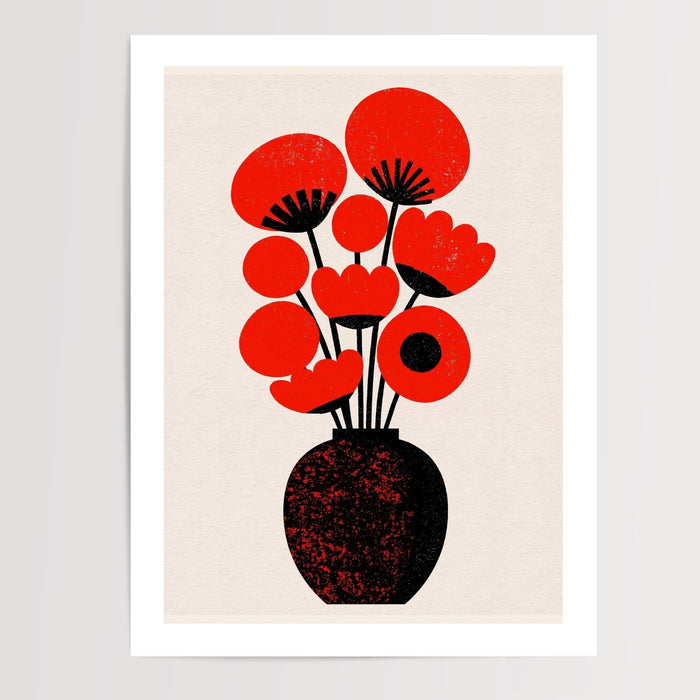 Poster Bouquet graphique - Fleurs rouges et vase noir tout en clarté — Vierge - poster-presentation-produit — passe-partout blanc