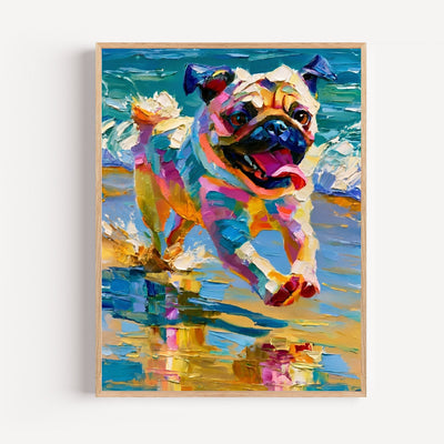 Póster Carlino (Pug) feliz — Felicidad salpicada y colores en fiesta
