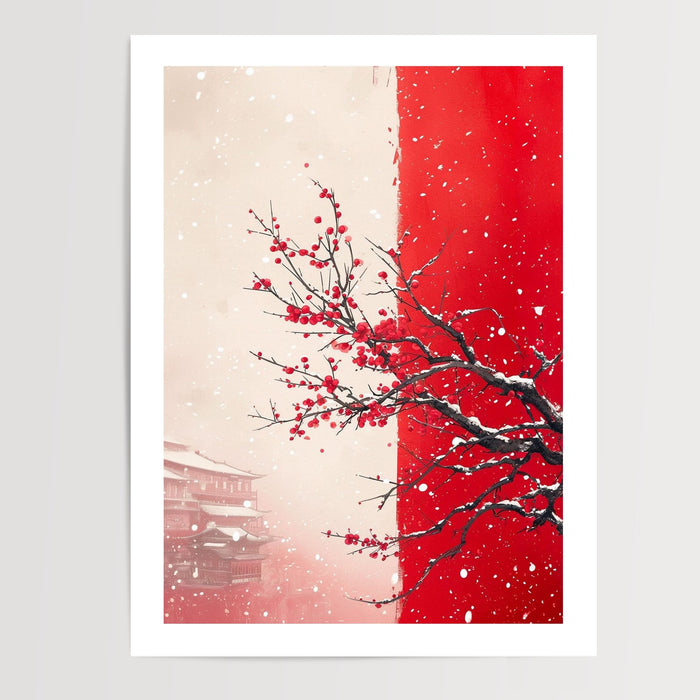 Poster Cerisier en hiver - Bourgeons rouges et brume japonaise — Vierge - poster-presentation-produit — passe-partout blanc