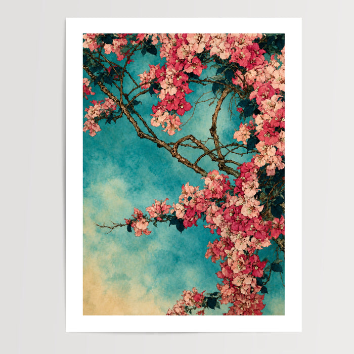 Poster Cerisier japonais - Floraison rose et fuchsia sur ciel azur — Vierge - poster-presentation-produit — passe-partout blanc