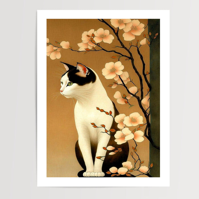 Poster Chat japonais - Douceur porte-bonheur sous les cerisiers — Vierge - poster-presentation-produit — passe-partout blanc