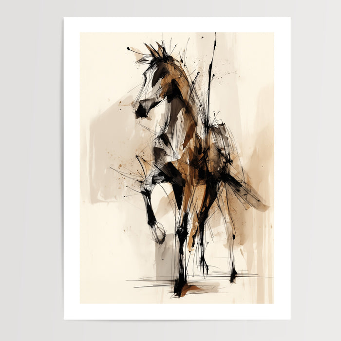 Poster Cheval abstrait - Élan noir et beige en pleine course — Vierge - poster-presentation-produit — passe-partout blanc