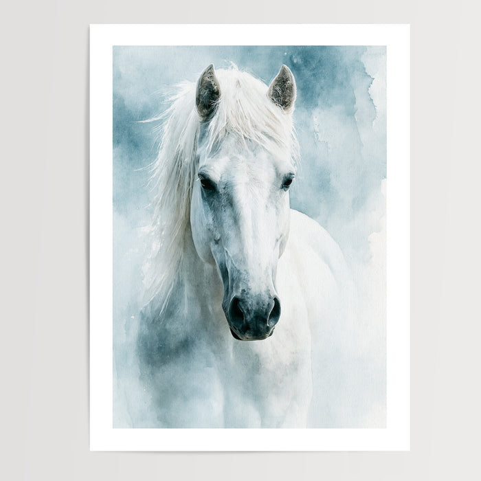 Poster Cheval blanc - Douceur d'une aquarelle bleutée et rêveuse — Vierge - poster-presentation-produit — passe-partout blanc