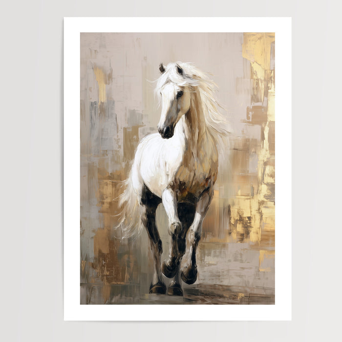 Poster Cheval blanc - Élan et grâce aux reflets beige et or — Vierge - poster-presentation-produit — passe-partout blanc