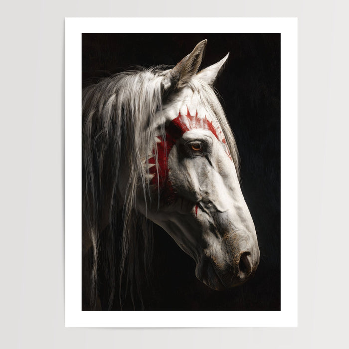 Poster Cheval blanc - Regard mystique et esprit guerrier — Vierge - poster-presentation-produit — passe-partout blanc