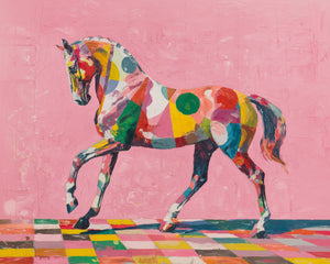 Pop art horse painting with vibrant colors on pink background, bold and trendy decorative piece.