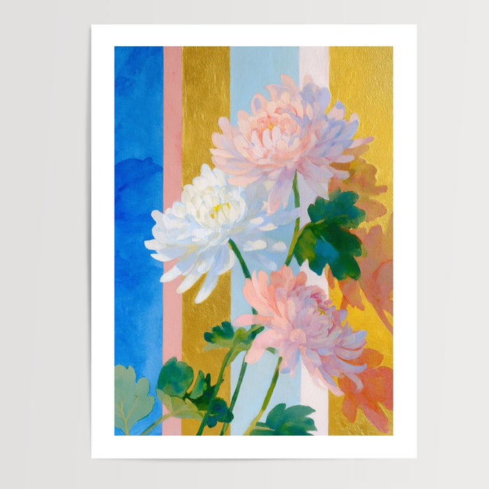 Poster Chrysanthèmes - Bouquet frais sur fond de rayures pastel — Vierge - poster-presentation-produit — passe-partout blanc