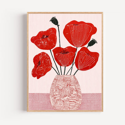 Póster de amapolas rojas — Energía gráfica y rayas rosa empolvadas