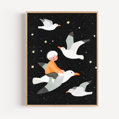 Kids Wall Art Print – Little Dreamer on Seagull Under Golden Stars