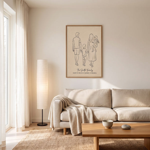 Poster famille personnalisé dessin au trait minimaliste décoration murale sur-mesure prénoms