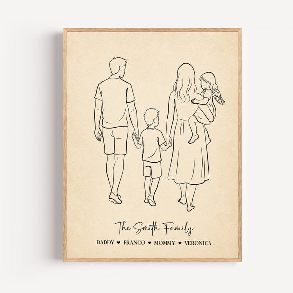 Poster famille personnalisé dessin au trait minimaliste La famille Martin avec prénoms séparés par des cœurs
