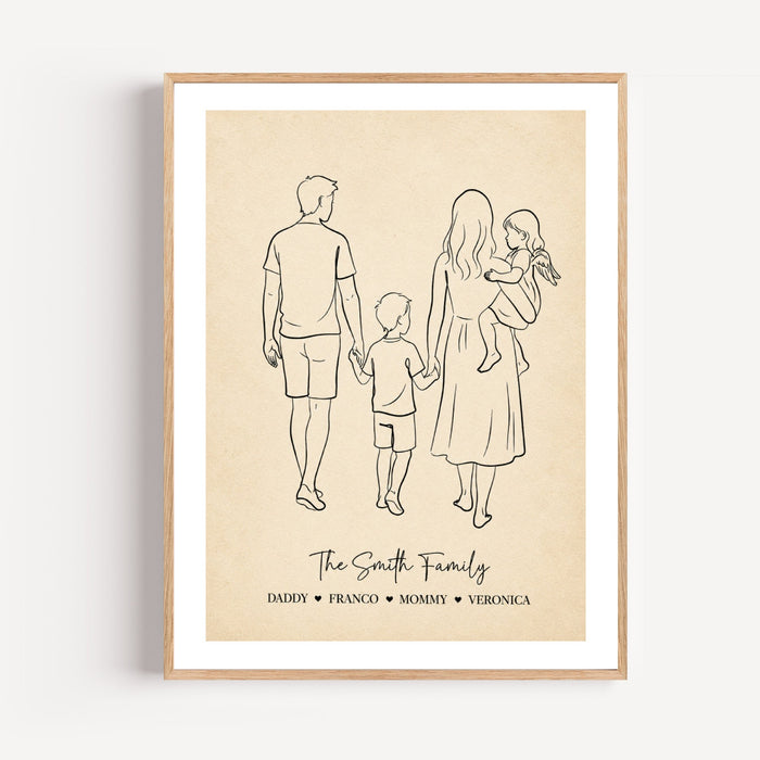 Poster famille personnalisé dessin au trait minimaliste La famille Martin avec prénoms séparés par des cœurs — passe-partout blanc