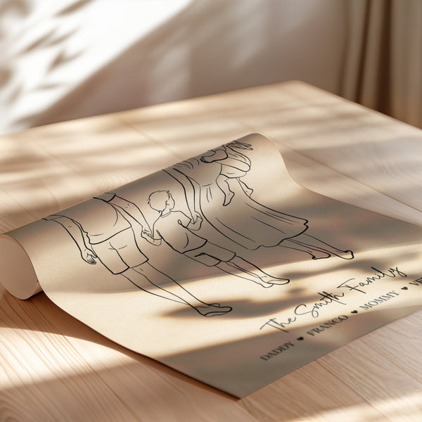 Poster famille personnalisé dessin au trait minimaliste avec prénoms et cœurs