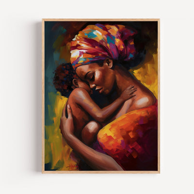 Poster Femme africaine et bébé - L'étreinte tendre d'une mère