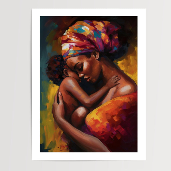 Poster Femme africaine et bébé - L'étreinte tendre d'une mère — Vierge - poster-presentation-produit — passe-partout blanc