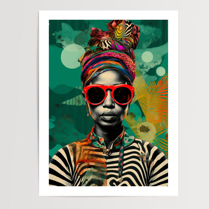 Poster Femme africaine pop art - Regard vibrant aux lunettes rouges — Vierge - poster-presentation-produit — passe-partout blanc