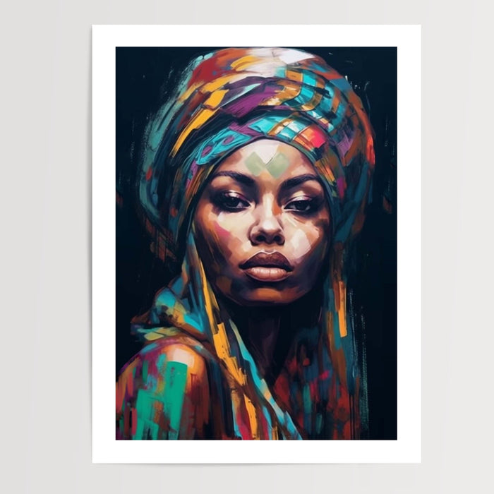 Poster Femme africaine - Portrait royal aux couleurs vibrantes — Vierge - poster-presentation-produit — passe-partout blanc