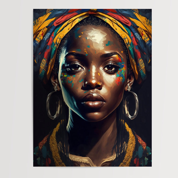 Poster Femme afro - Portrait pop art aux couleurs vibrantes — Vierge - poster-presentation-produit