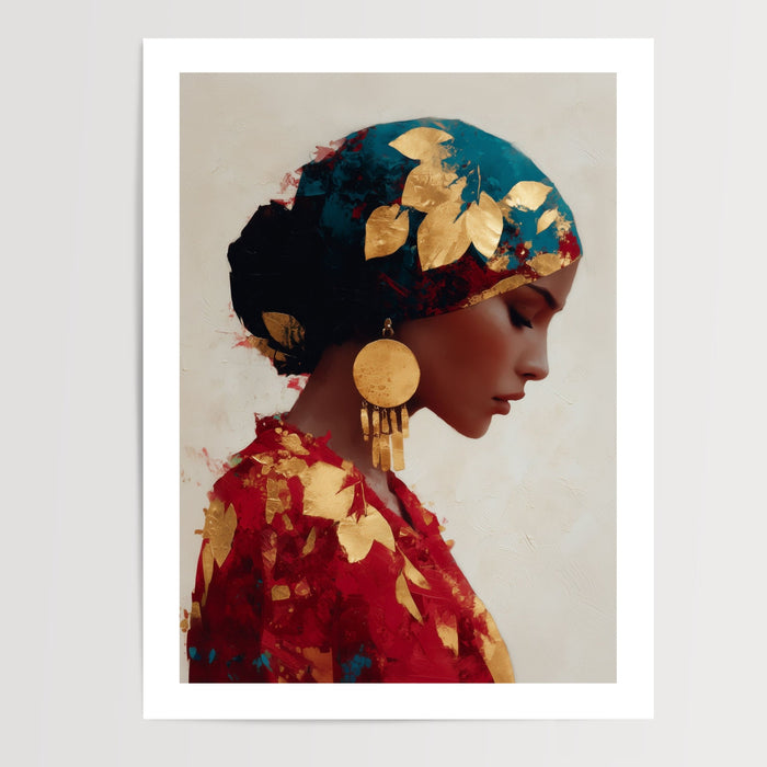 Poster Femme au foulard doré - Portrait lumineux et raffiné — Vierge - poster-presentation-produit — passe-partout blanc