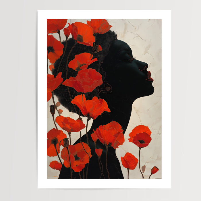 Poster Femme aux coquelicots rouges - Portrait floral et flamboyant — Vierge - poster-presentation-produit — passe-partout blanc