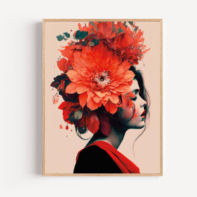 Flower-Crowned Woman Poster - Vibrant orange and red floral portrait wall art