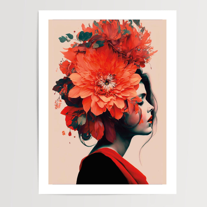 Poster Femme aux fleurs - Portrait audacieux aux couleurs d'un été flamboyant — Vierge - poster-presentation-produit — passe-partout blanc