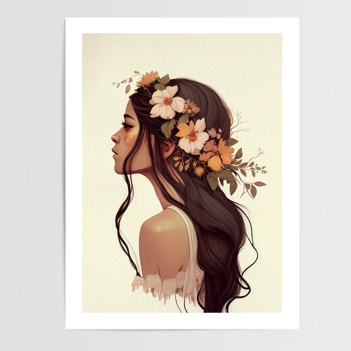 Poster Femme aux fleurs - Portrait romantique tout en douceur — Vierge - poster-presentation-produit — passe-partout blanc