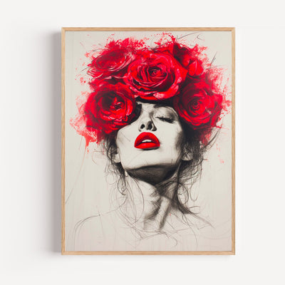 Poster Femme aux roses rouges - Portrait romantique et sensuel