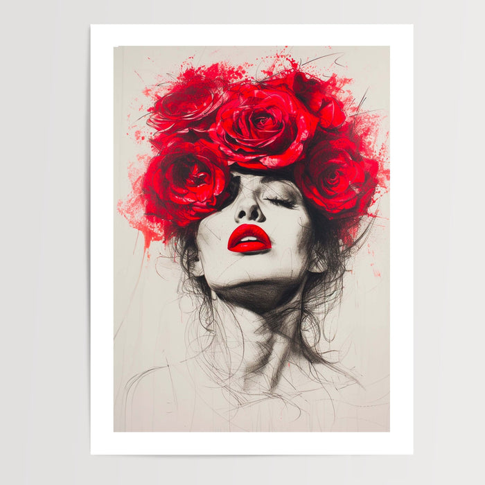 Poster Femme aux roses rouges - Portrait romantique et sensuel — Vierge - poster-presentation-produit — passe-partout blanc