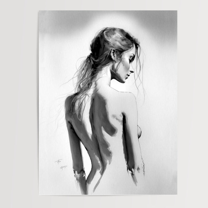 Poster Femme de dos - Nu épuré au crayon et fusain — Vierge - poster-presentation-produit