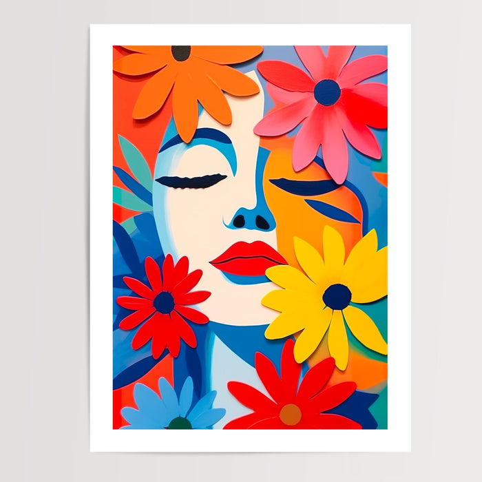 Poster Femme fleurie - Un visage entouré de fleurs éclatantes — Vierge - poster-presentation-produit — passe-partout blanc