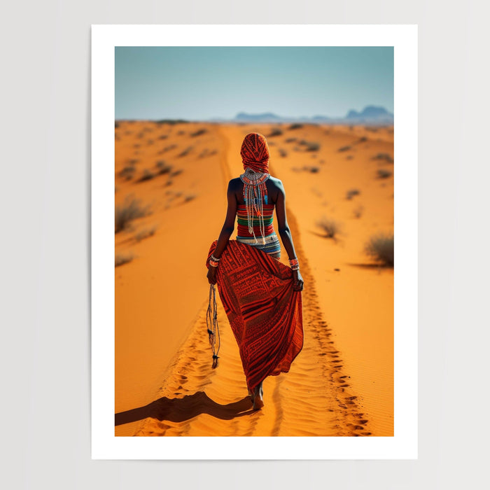 Poster Femme Nguni - Perles vives sur les dunes du désert — Vierge - poster-presentation-produit — passe-partout blanc