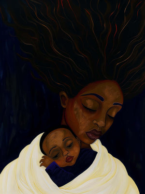 This contemporary painting depicts an African mother holding her sleeping baby. The fluid, stylized forms emphasize gentleness, with dark colors contrasted by light draperies, creating a warm and protective environment.