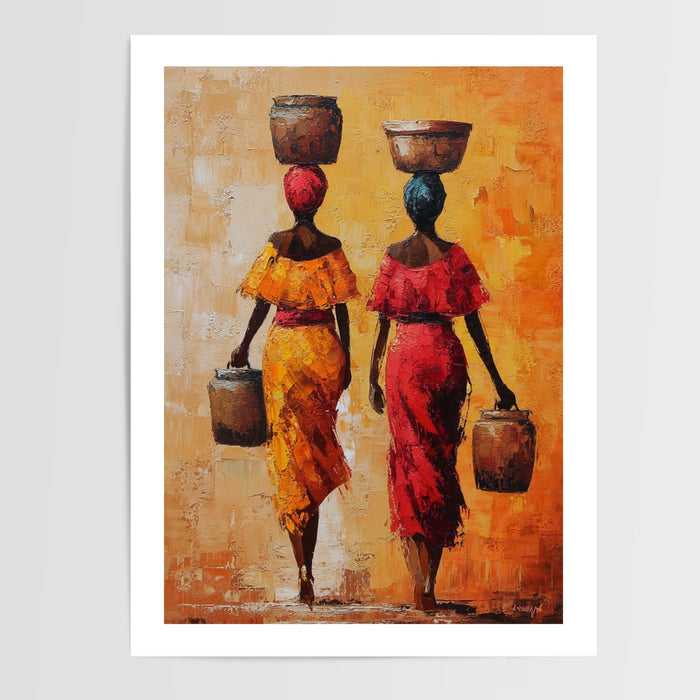 Poster Femmes africaines - Marche colorée sous un soleil chaleureux — Vierge - poster-presentation-produit — passe-partout blanc
