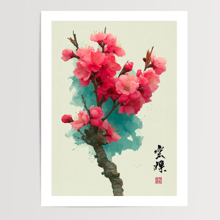 Poster Fleur de pêcher - Branche rose sur aquarelle turquoise — Vierge - poster-presentation-produit — passe-partout blanc