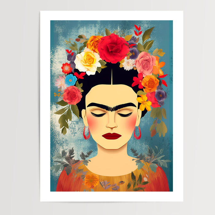 Poster Frida Kahlo - Portrait fleuri aux accents poétiques — Vierge - poster-presentation-produit — passe-partout blanc