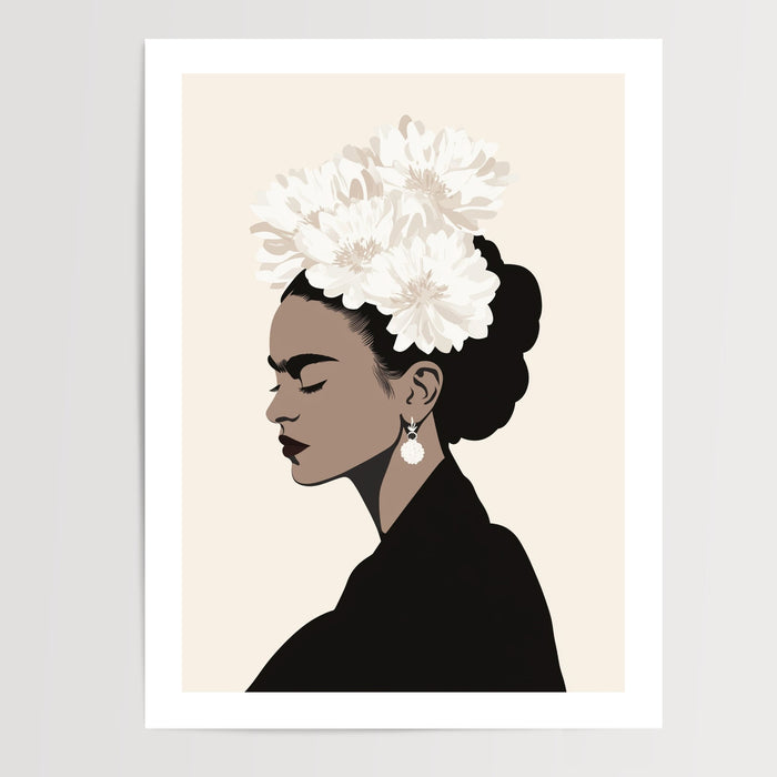 Poster Frida Kahlo - Portrait minimaliste en noir et blanc — Vierge - poster-presentation-produit — passe-partout blanc