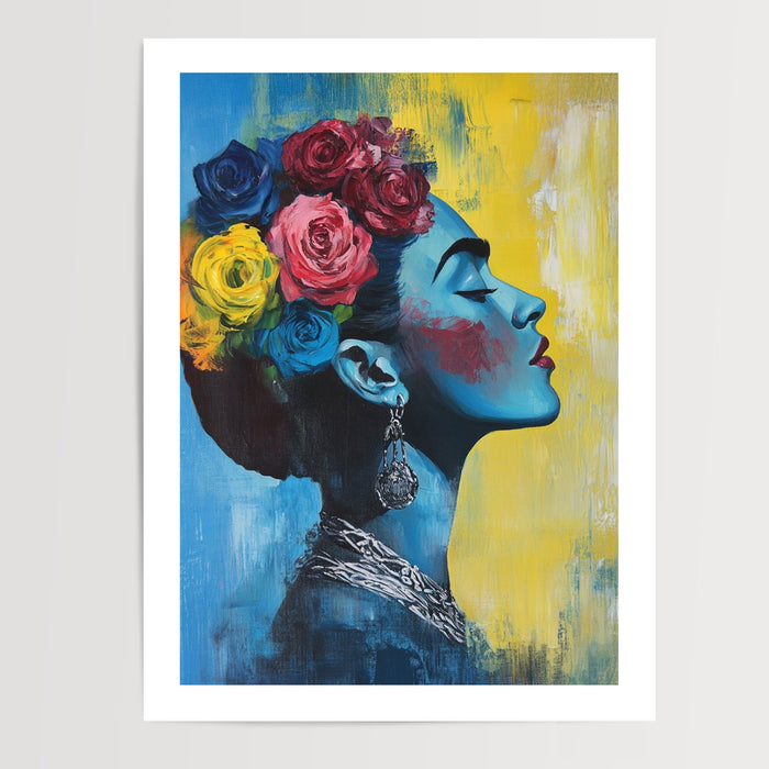Poster Frida Kahlo - Portrait vibrant entre bleu profond et jaune solaire — Vierge - poster-presentation-produit — passe-partout blanc