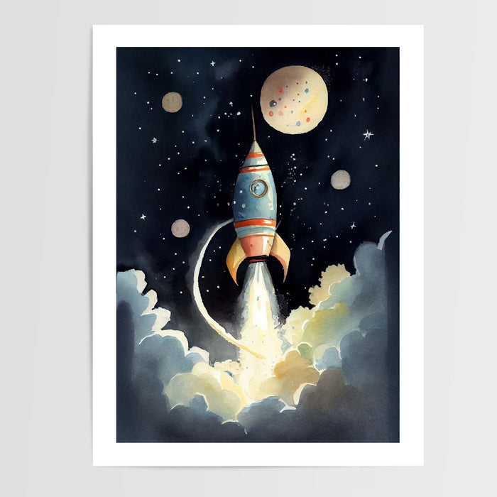 Poster Fusée dans l'espace - Voyage vers les étoiles pour petits rêveurs — Vierge - poster-presentation-produit — passe-partout blanc