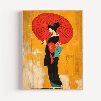 Geisha-Poster – Sanfte Ukiyo-e-Anmut mit rotem Sonnenschirm