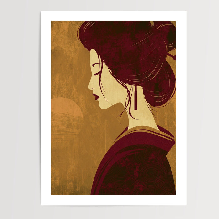 Poster Geisha japonaise - Grâce de profil sur fond doré — Vierge - poster-presentation-produit — passe-partout blanc