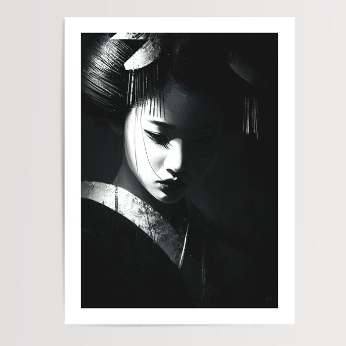 Poster Geisha noir et blanc - Une présence forte et silencieuse — Vierge - poster-presentation-produit — passe-partout blanc