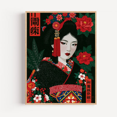 Geisha Poster mit Pfingstrosen – japanische Eleganz